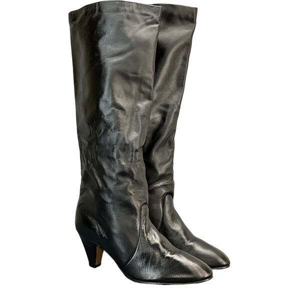 Joyce Vintage Black Leather Heeled Point Toe Tall Western Riding Boot Women 6M - Picture 1 of 8